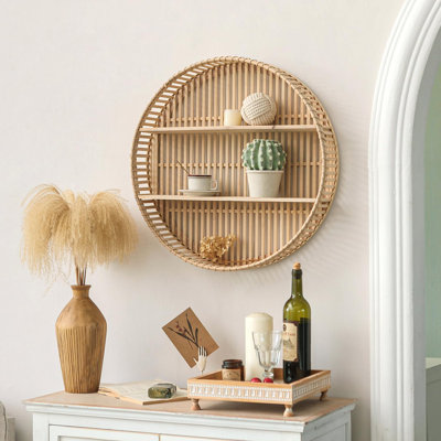 Étagère murale en rotin avec présentoir à 2 niveaux - Rangement décoratif rond pour salon, salle à manger, bureau - Léger et pré-assemblé