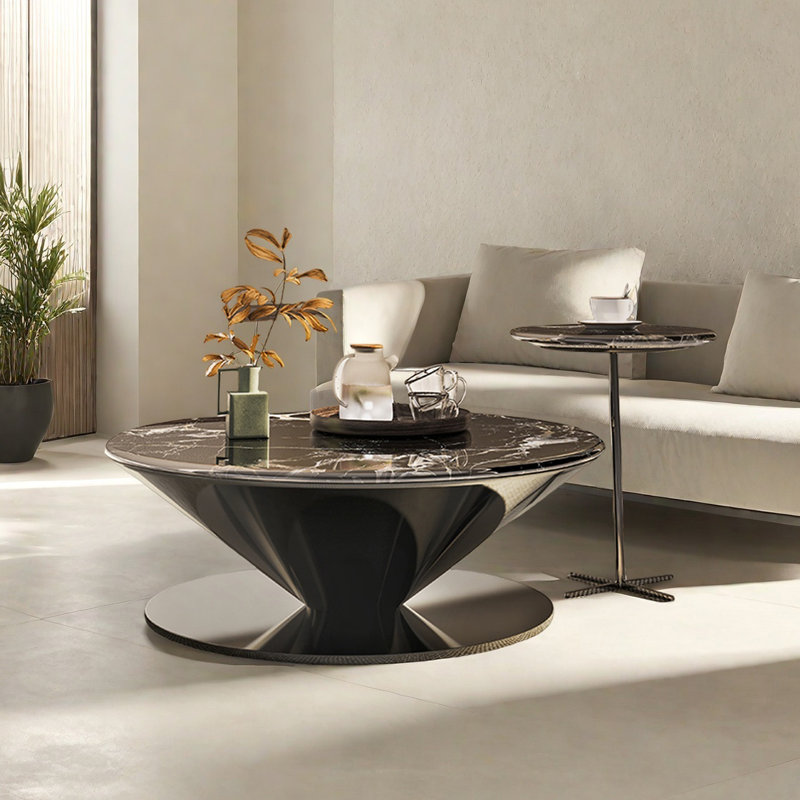 Table basse ronde en marbre avec soucoupe volante, H 15 po x L 35,4 po x l 35,4 po, Noir