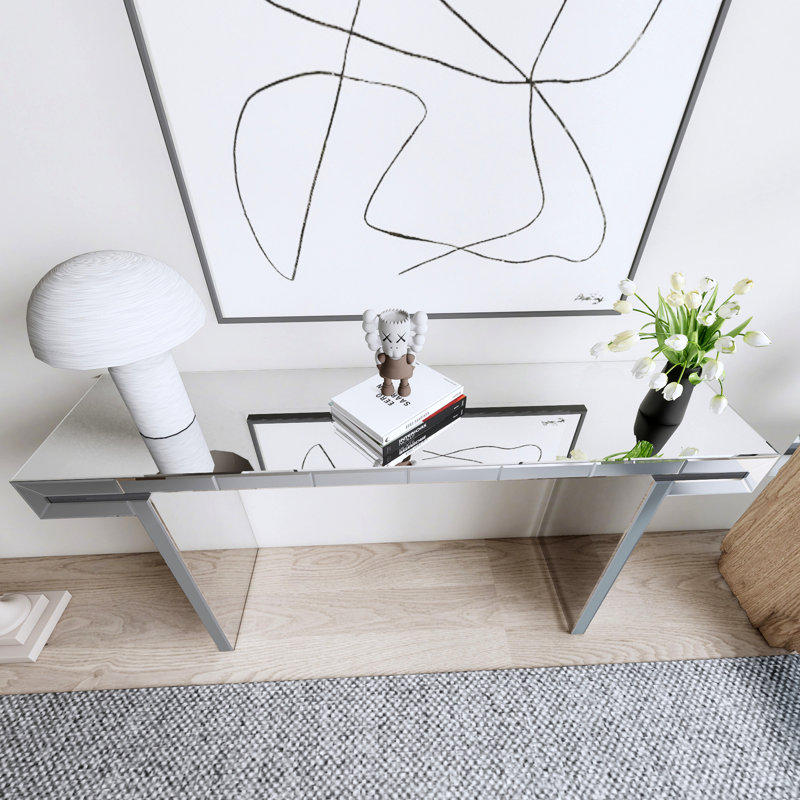 Full-Length Mirror Console Table With Fluted Tempered Glass, Entryway Mirrored Sofa Table