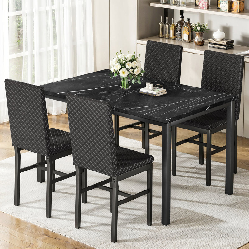 Ensemble de table de salle à manger pour 4 personnes, table de salle à manger 5 pièces en faux marbre avec 4 chaises rembourrées modernes pour petits espaces, cuisine à domicile, appartement