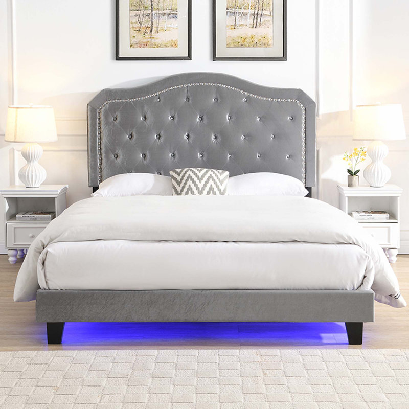 Lit tapissier avec lit plateforme à lumière DEL, Gris clair