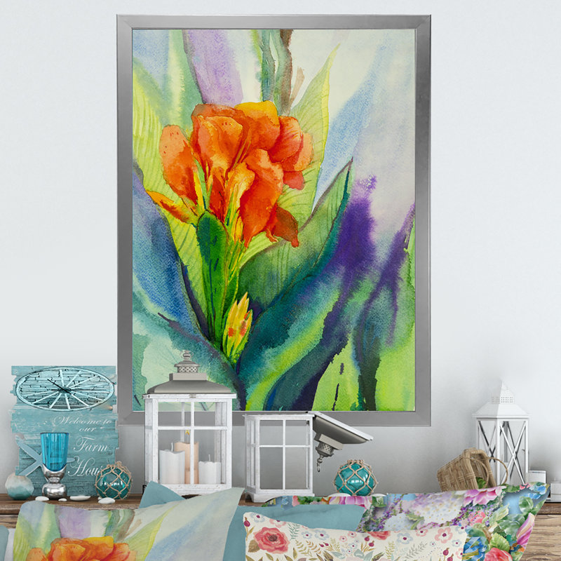 Décoration murale orange sur une plante tropicale orange en fleurs, H 40 po x l 30 po