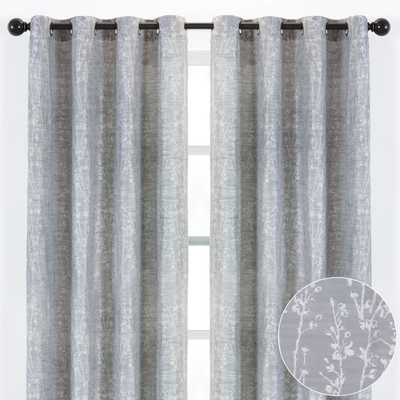 Floral Semi-Sheer Grommet Curtain Panels, Silver, 52" W x 96" L