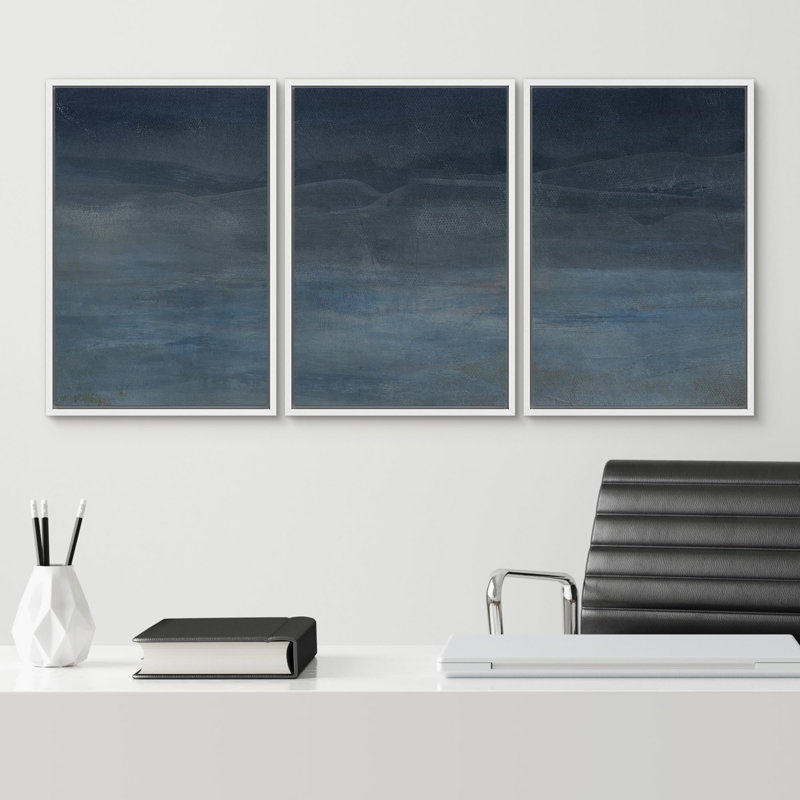 "Abstrait bleu, paysage, moderne, minimaliste, bleu marine, gris, nature, désert, moderne, froid" - 3 pièces, Blanc
