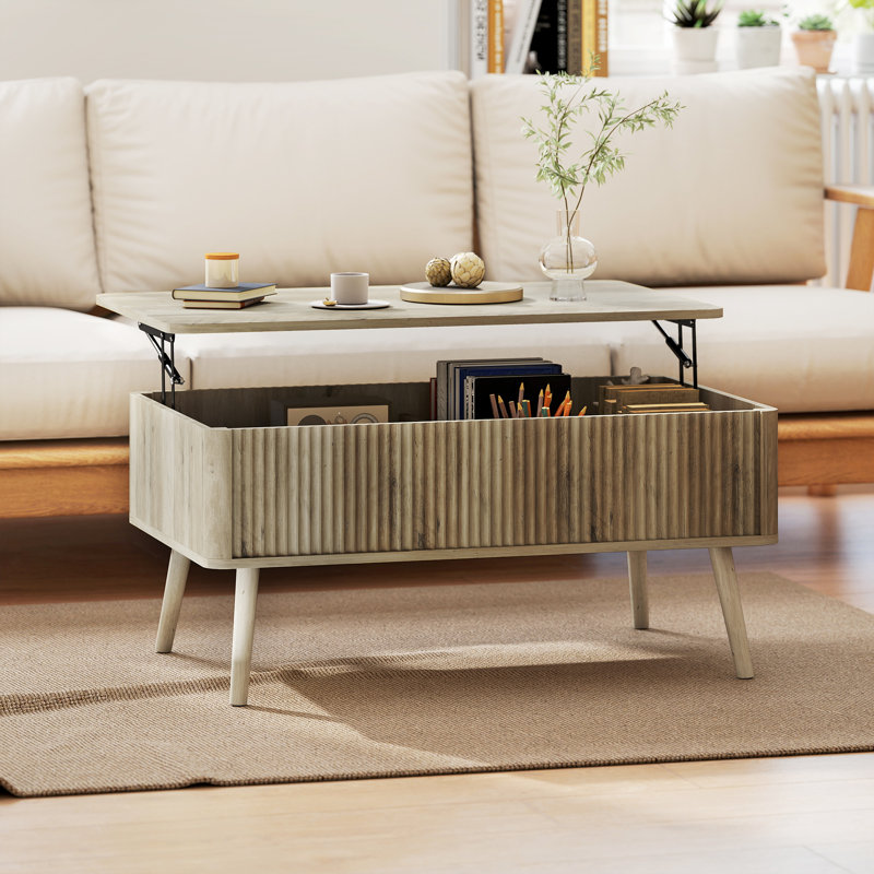 Table basse à plateau relevable, table centrale avec compartiments cachés, chêne