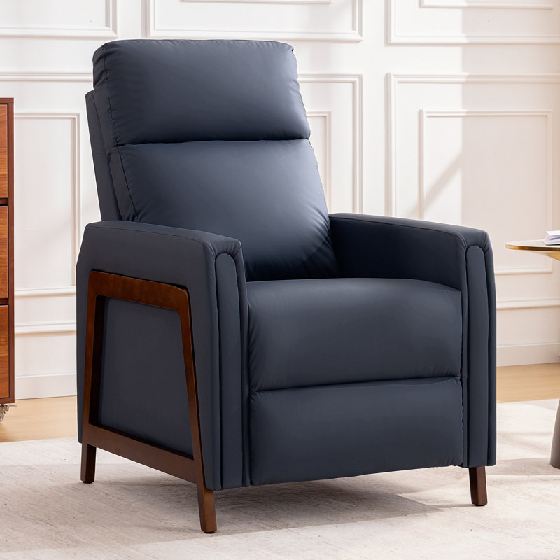 27.9" W Mid-Century Modern Recliner Chair in Faux Leather with Footrest, Navy Blue