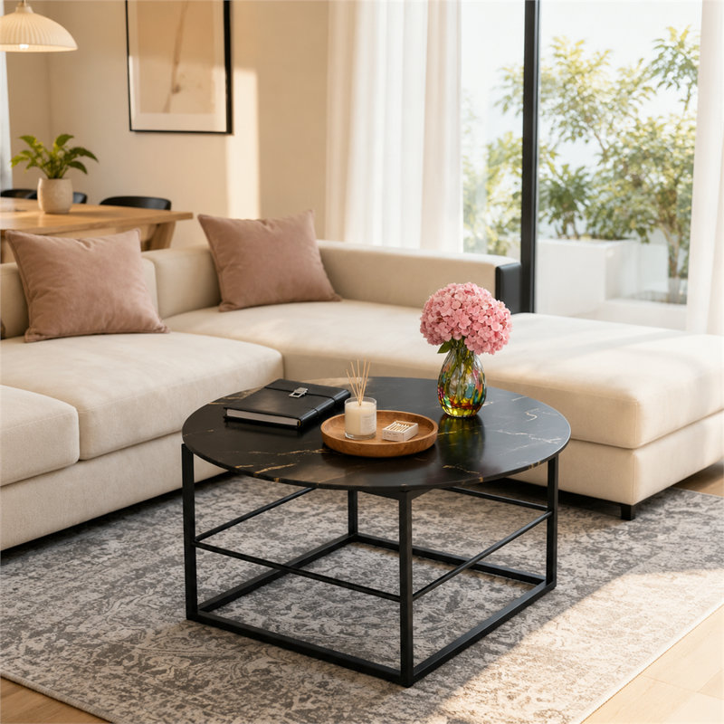 Plateau de table rond en verre trempé de 32 pouces à motif de marbre noir, compatible avec les tables de salle à manger, les tables basses, les patios et les espaces intérieurs et extérieurs.