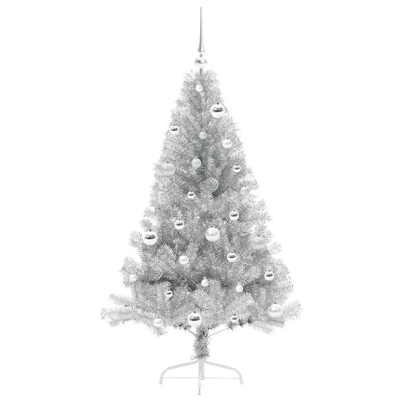 Artificial Pre-lit Christmas Tree PVC, Silver/White/Grey, 150cm H