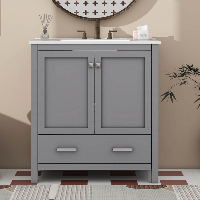 Meuble-lavabo de salle de bain avec lavabo simple, armoire de rangement de salle de bain avec 2 portes et un tiroir, Gris