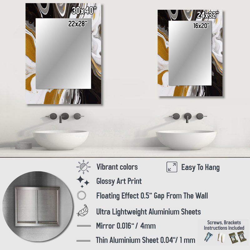 Gold Black Marble Symphony - Abstract Decorative Wall Mirror, Modern Mirror, Printed Metal Art, 32" x 24"