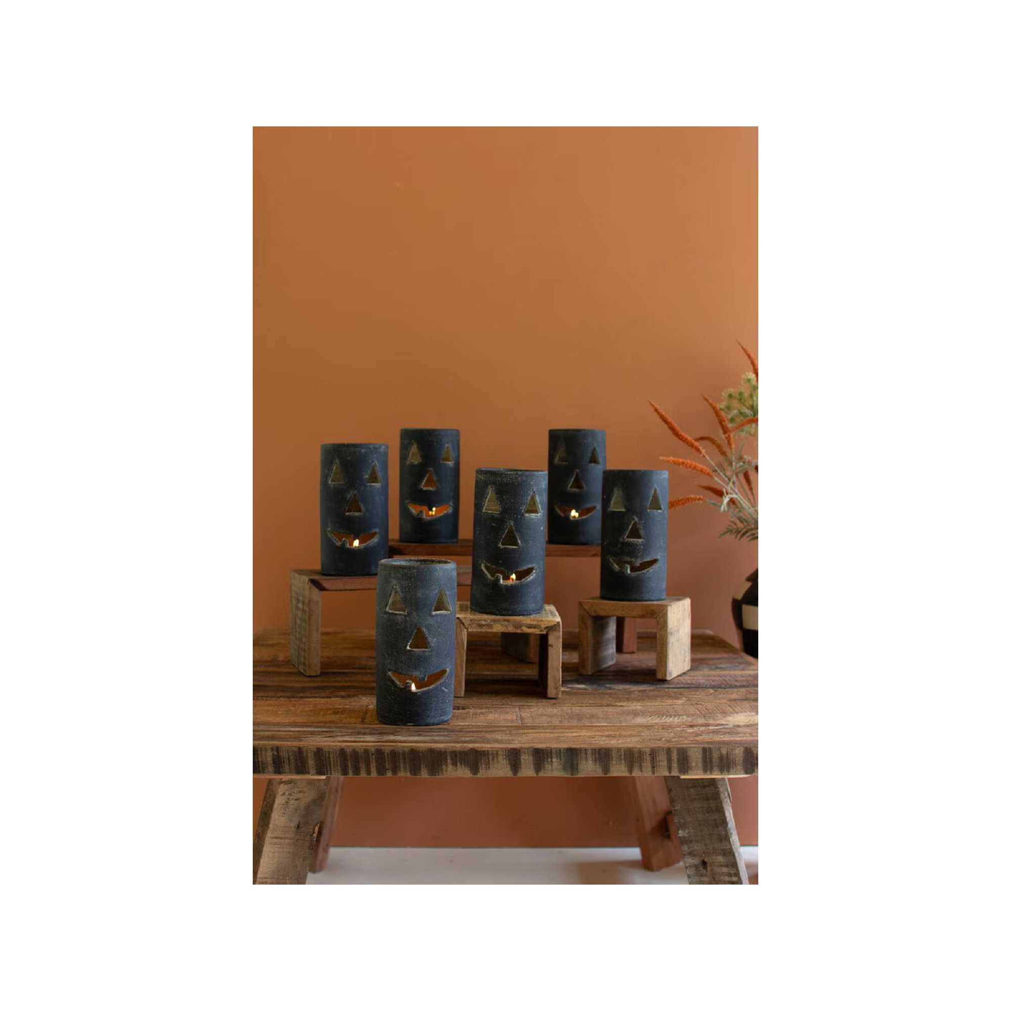 SHORT BLACK CLAY JACK-O-LANTERN, 8" H x 4" W x 4" D