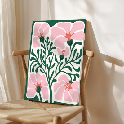 Framed Canvas Wall Art - Pink Flowers with Green Stems and Buds, Graphic Illustration - 24" x 36" for Living Room and Bedroom