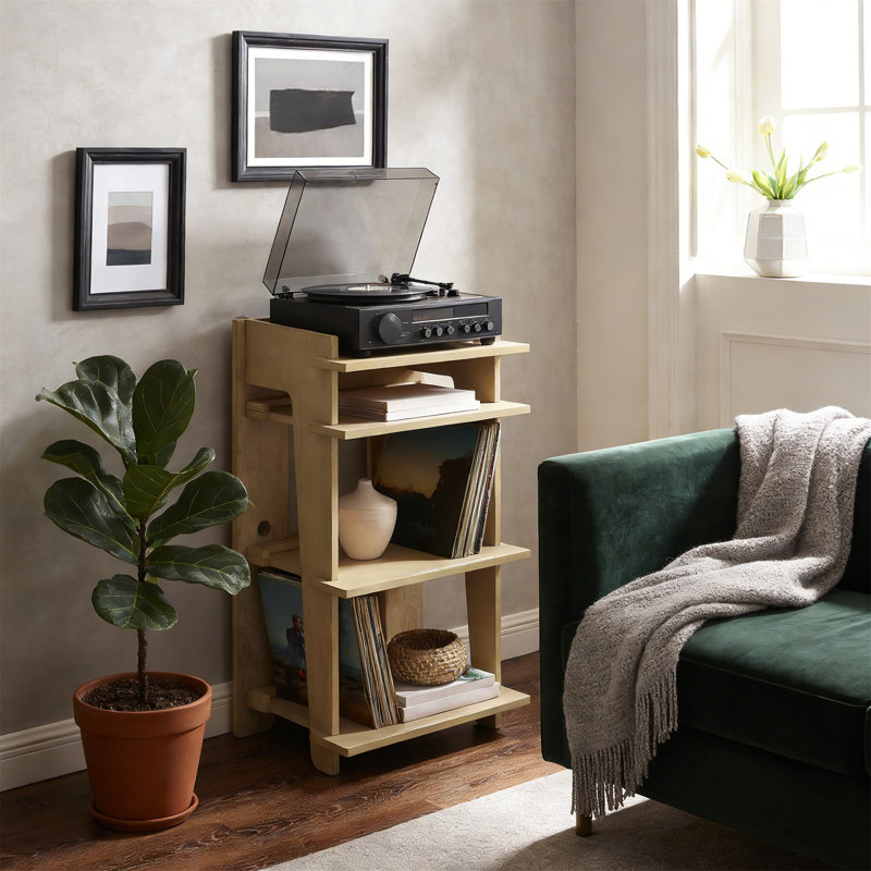 Record Player Stand Media Console With Vinyl Storage, Modern, Natural, Beige