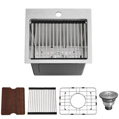 15"L Undermount Bar Prep Kitchen Sink Round Corners Stainless Steel Single Bowl with Accessories
