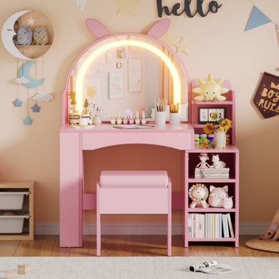 Meuble-lavabo pour enfants, meuble-lavabo pour petite fille avec lumières et tablettes de rangement, coiffeuse pour tout-petits 2 en 1 avec miroir et tabouret