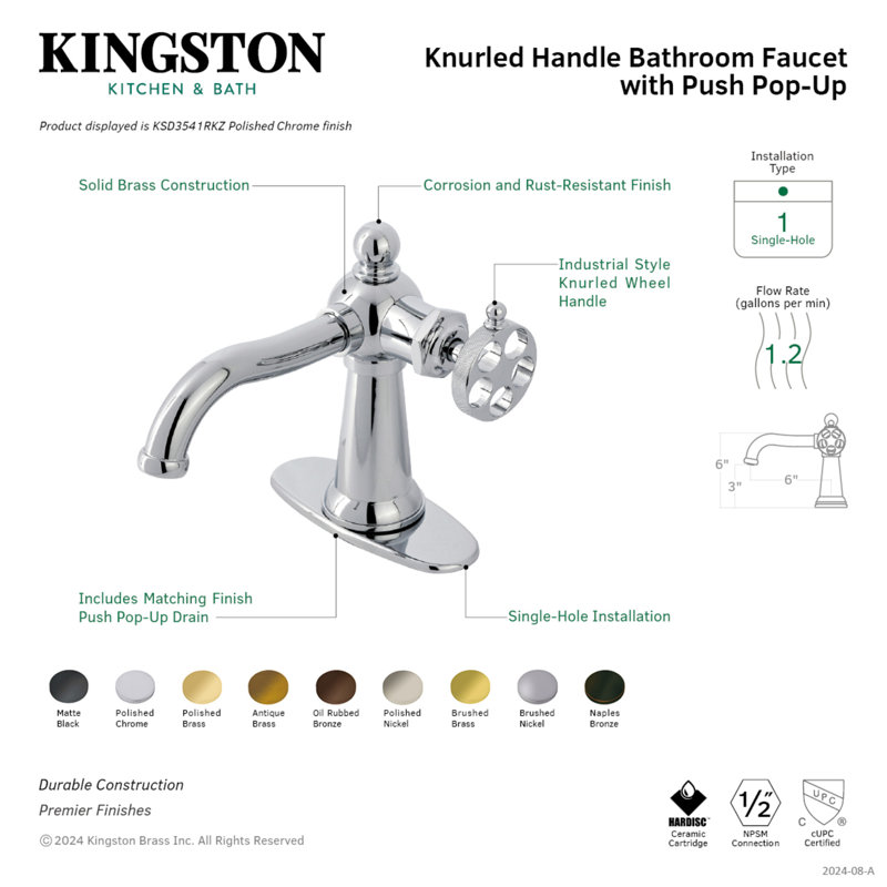 Robinet de salle de bain monotrou avec drain Wendell, Laiton brossé