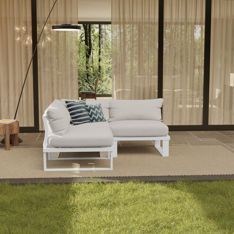 Anusri 3-Person Modular Aluminum Patio Sectional, Light Gray Cushion/White Frame