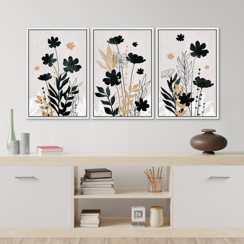 «Botanical Black and Gold Midnight Flora Elegant Floral Silhouettes Illustration Modern Art Decor», 3 pièces, Blanc