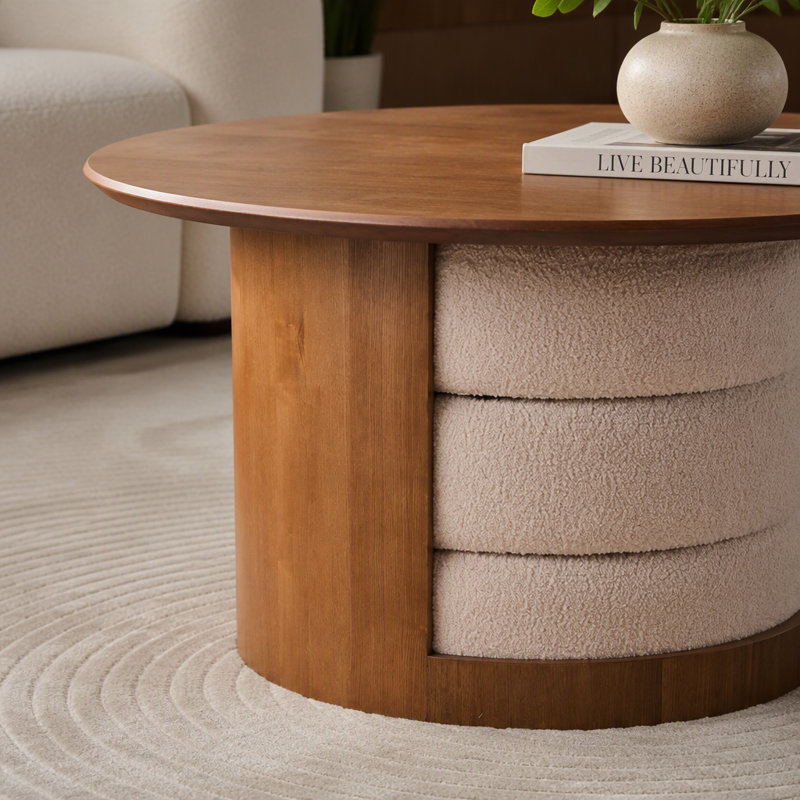 Table basse ronde en bois 31,5 "avec 3 tabourets gigognes en tissu Teddy, ensemble de table centrale multifonctionnel avec rangement caché Farmhouse