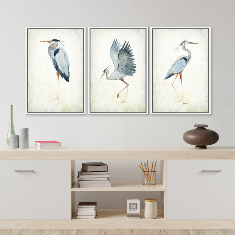 Heron Crane Bird Animals Nautical Decor - Large Framed Canvas Living Room Wall Art Work Set 3 Print, 36" H x 24" W, White