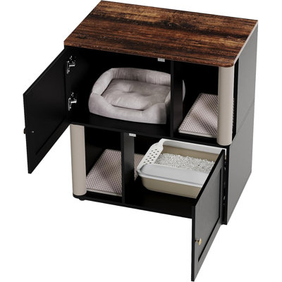 Cat Litter Box Furniture, Cat Litter Cabinet w/ Double Enclosed wastebox Enclosure, Wooden Cats Box Furniture w/Scratching Post & Dual Mats