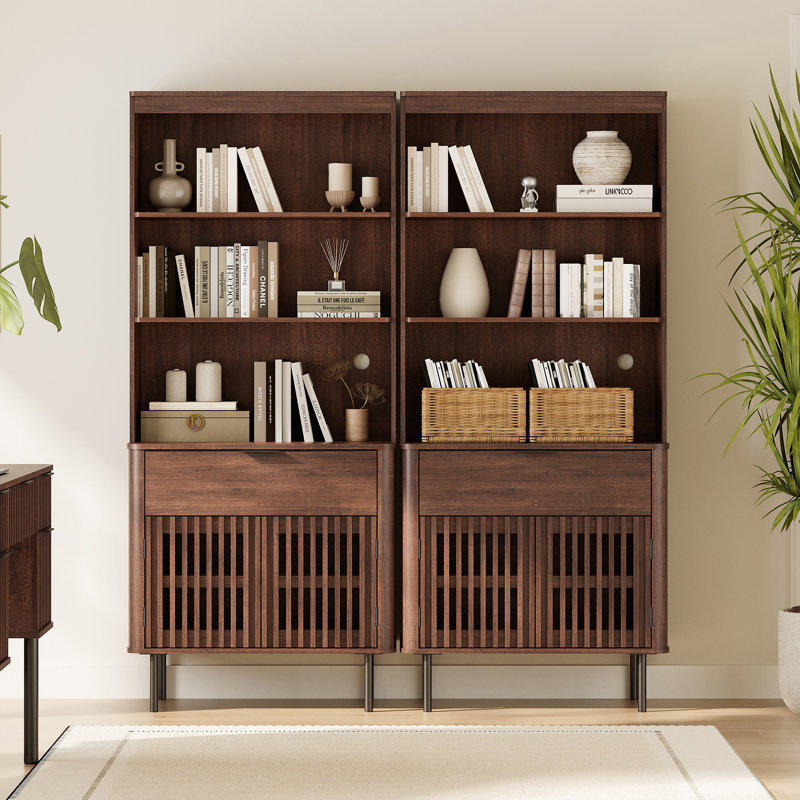 Grande bibliothèque de 72,8 pouces avec armoire de rangement, bibliothèque à 3 niveaux avec tiroir et tablette ajustable Feinberg, noyer