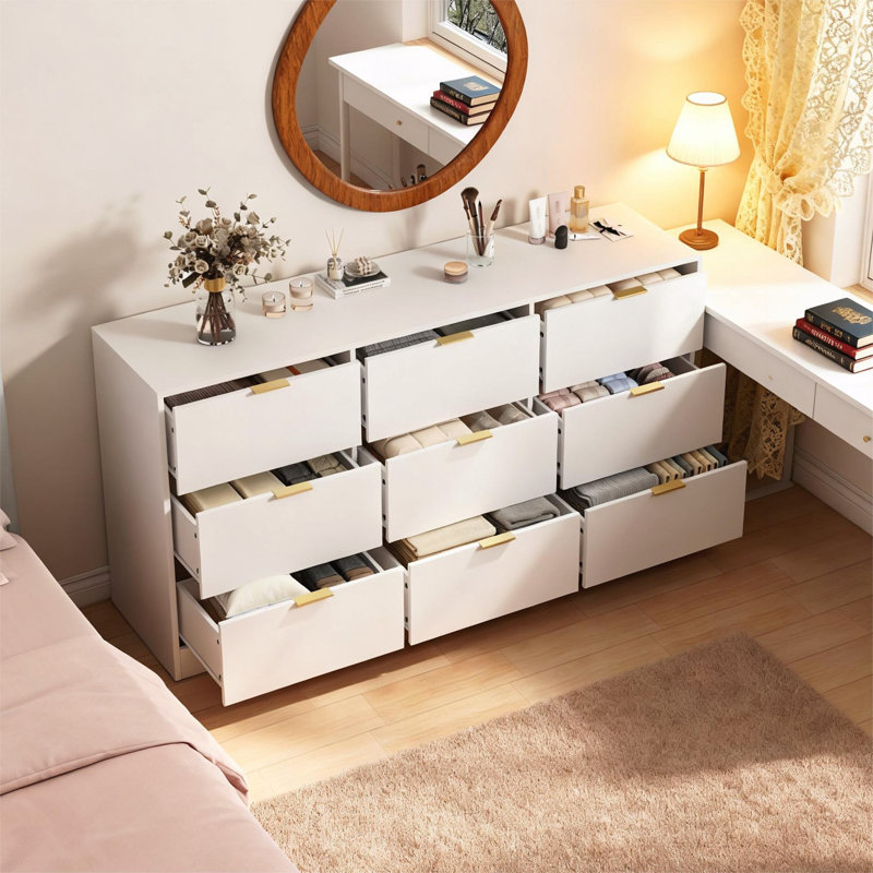 Commode en bois avec 9 tiroirs pour la chambre à coucher, White
