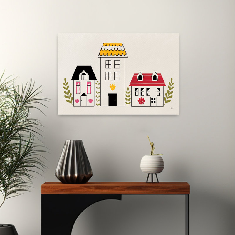 Petites maisons IV, architecture abstraite, art de paysage, H 16 po x l 24 po