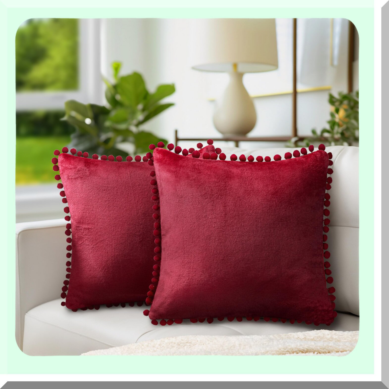 BRBCA Burgundy Velvet Pom Pom Throw Pillow Set - Boho Decorative