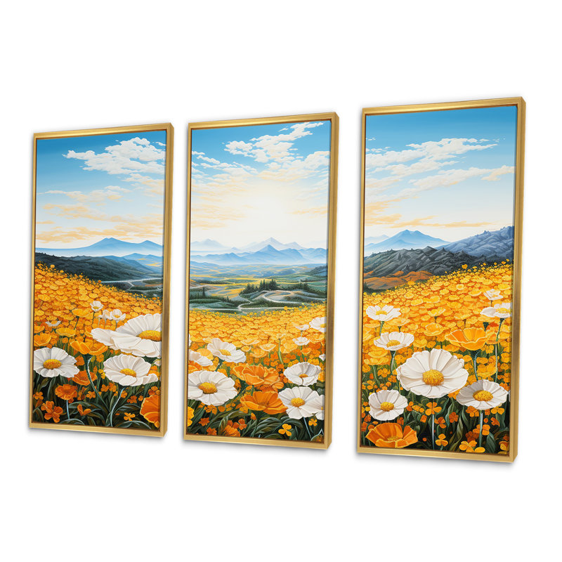 Jaune souci jaune dans un paysage de montagne - ensemble d'art mural sur toile fleurs, Cadre flottant doré