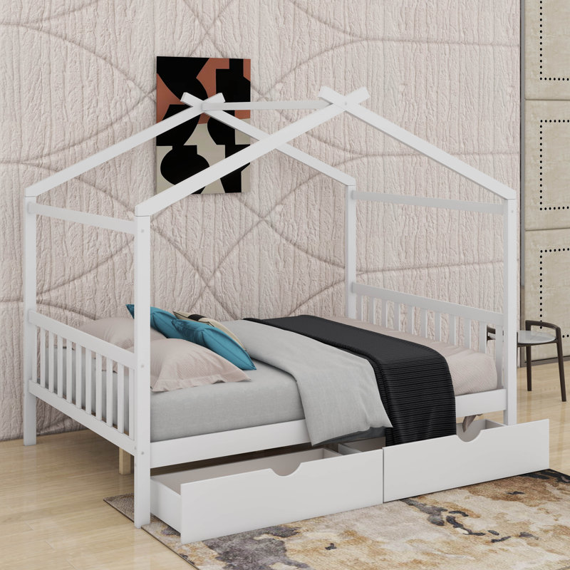 Lit plateforme double pleine grandeur avec 2 tiroirs, tête et pied de lit, toit, Blanc