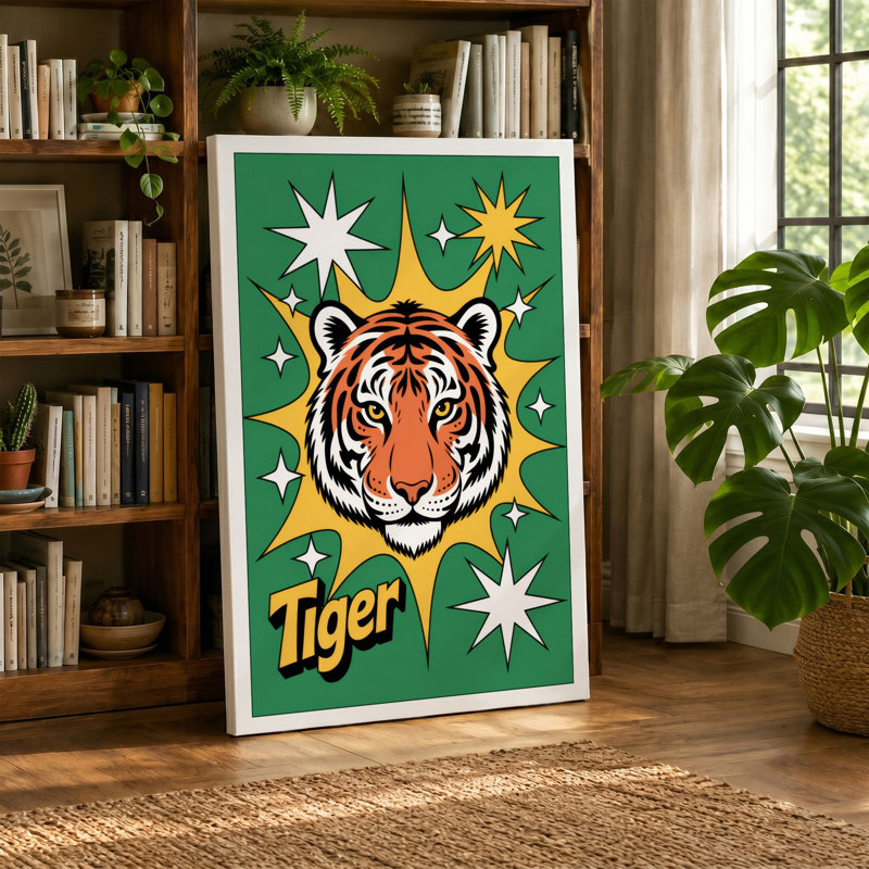 Tiger with Stars Retro - Wrapped Canvas, 24x16 - 61.0 x 40.6 cm, Cream Border