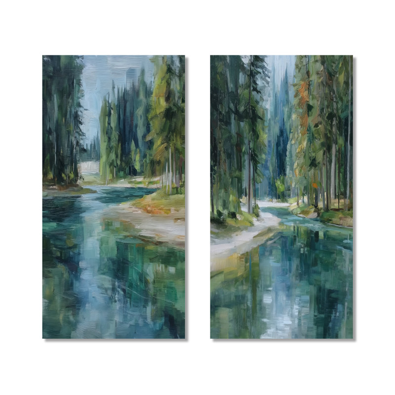 «Pine Trees», rivière Fraser, courant apaisant - Lac vert surdimensionné, ensemble de 2 décorations murales en métal