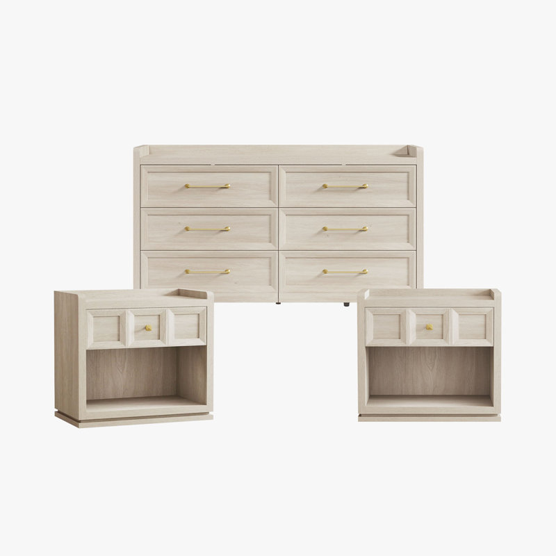 Ensemble de chambre à coucher 3 pièces (commode + 2 tables de chevet), Gris / gris / chêne blanc