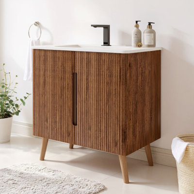 Motohisa Striped Walnut Single Bathroom Vanity with Ceramic Top, Modern Wood Vanity with 2-Door Storage for Master Bathroom, Apartment & Hotel Style