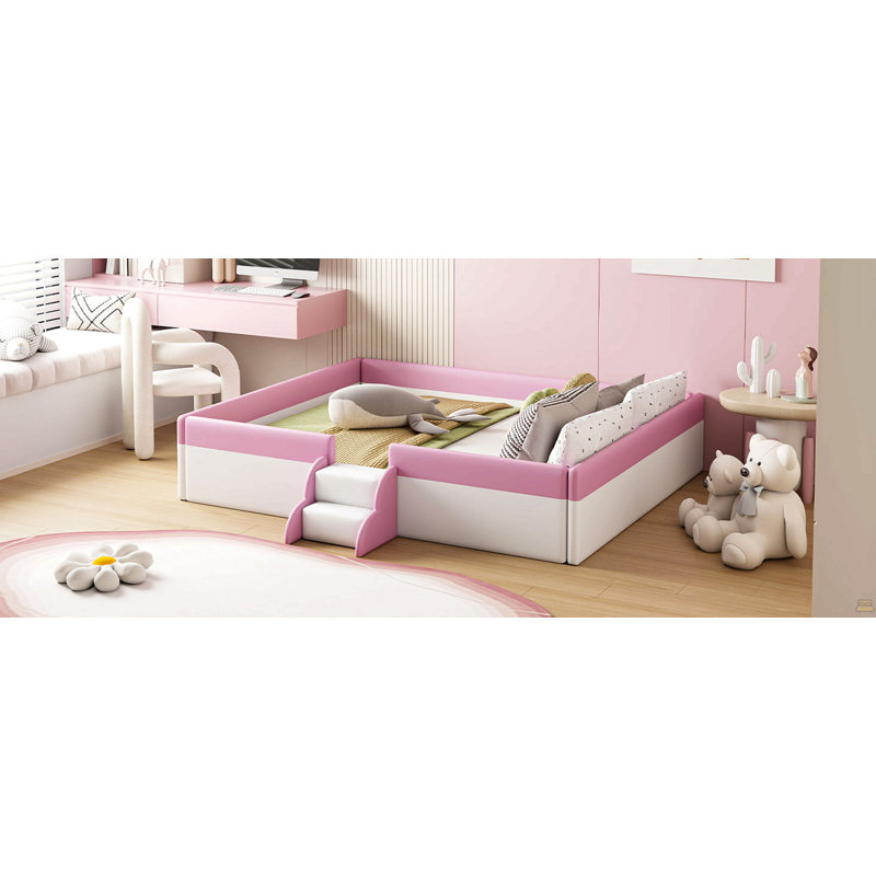 Queen Size Upholstered  Daybed Frame With Fence And Stairs, Queen, White/Pink