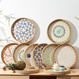 Round Rattan Tray With Mother Of Pearl Inlay, Rattan Serving Tray With Wooden Base, Decorative Wicker Basket For Table Decor, Storage And Display Of Coffee Bread Food Fruit (Leaf)