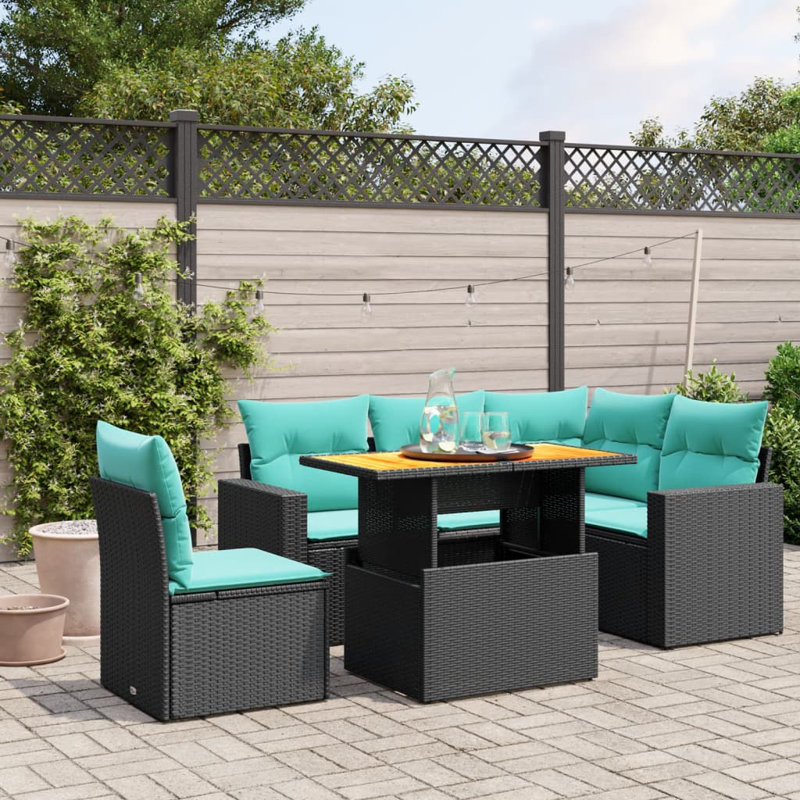 Ensemble de canapé de patio 6 pièces avec coussins en rotin de polyester, Bleu clair, Noir