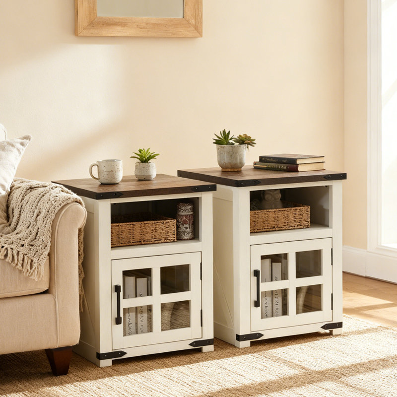 24''H Farmhouse End Table (Set Of 2) With Charging Station Rustic Nightstand, Espresso Wood/White