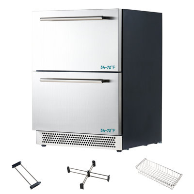 Réfrigérateur à tiroirs sous le comptoir de 24 pouces - Réfrigérateur à boissons en acier inoxydable avec deux tiroirs, commande tactile à DEL, rangement réglable, sans givre, faible bruit, 34-72 ℉, pour une utilisation intérieure ou extérieure