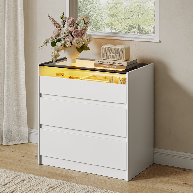 23.6'' W 3-Drawer Dresser, Modern White Chest of Drawers with Led Lights and Glass Top