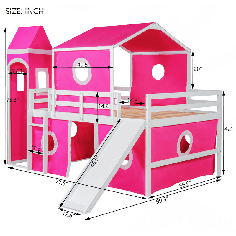 Lit mezzanine double avec tente et tour rose Slide