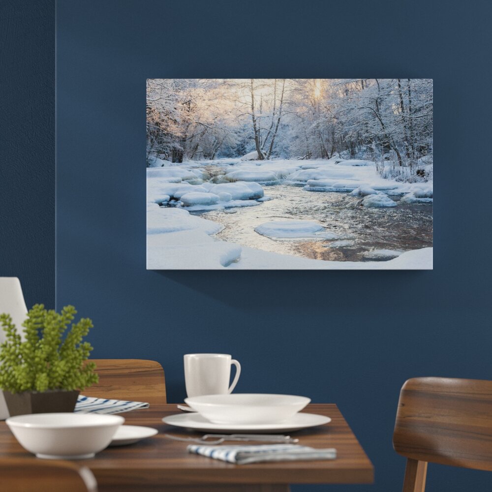 Leinwandbild „Bach in Winterlandschaft“, Fotodruck