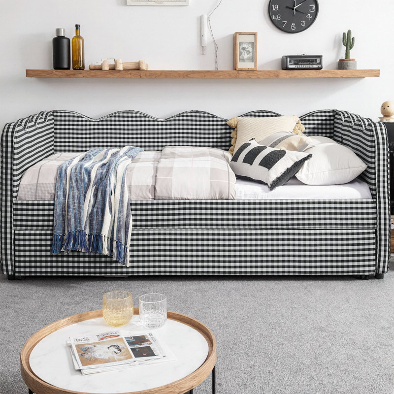 Full Size Cozy Gingham Daybed with Twin Size Trundle, Linen Fabric Sofa Bed with USB Port and Wave Design, No Box Spring Needed
