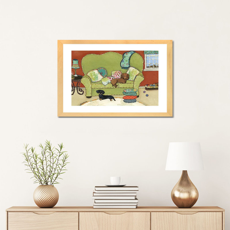 « Teckel Love » par Jamie Morath-impression, H 16 po x l 24 po x P 1 po, Blanc, Toile avec cadre en bois beige