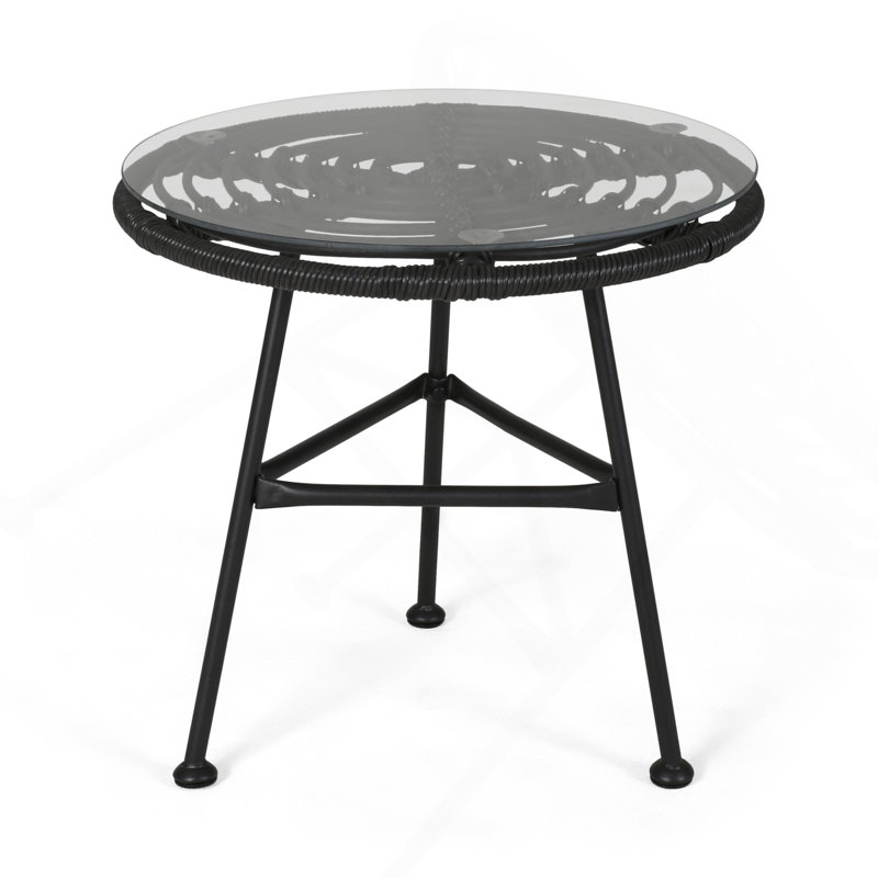 Outdoor Glass Top Faux Rattan Side Table,Tempered Glass Top End Table For Balcony Porch Deck, Gray