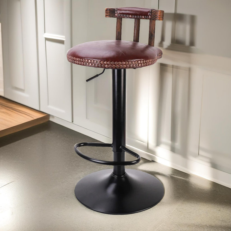 Benoist Rustic Industrial Vegan Leather, Swivel Adjustable Height Stool, Kitchen Barstools, Brown