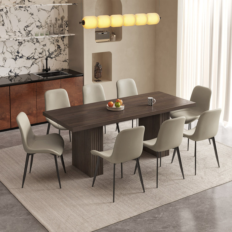 66.93" Mid-Century Rectangle Brown Dining Table Set with 8 Chairs for Kitchen, Bar, Living Room, 9 Pieces: Table, 8 Chairs