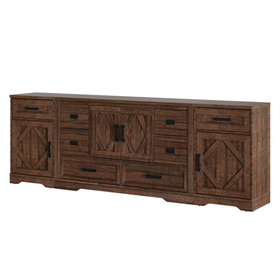 Glenford Farmhouse 93.3"W Rustic Storage Cabinet Combo With Barn Doors & 8 Drawers, Adjustable Shelves
