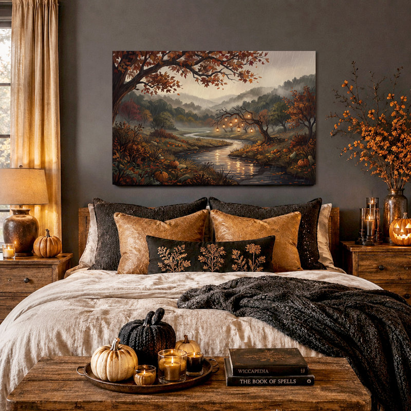 Automne rivière avec citrouilles et lanternes, art mural d'Halloween, H 16 po x l 24 po